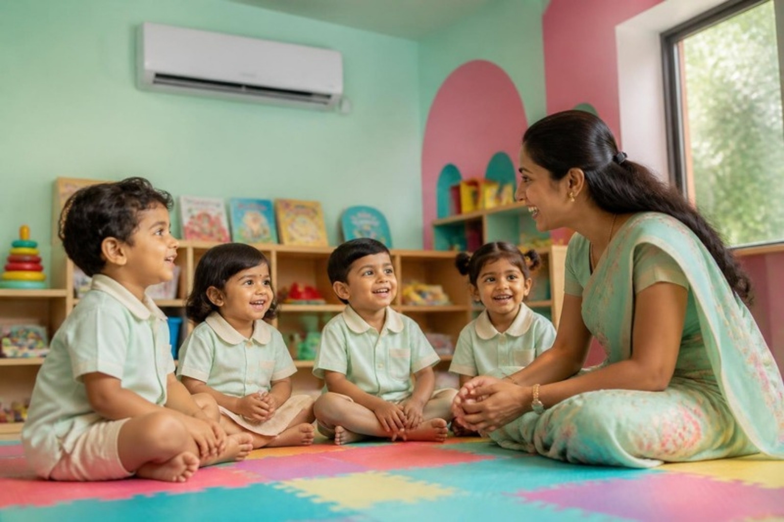 Children sitting with their teacher on a play mat in a cool, air-conditioned classroom