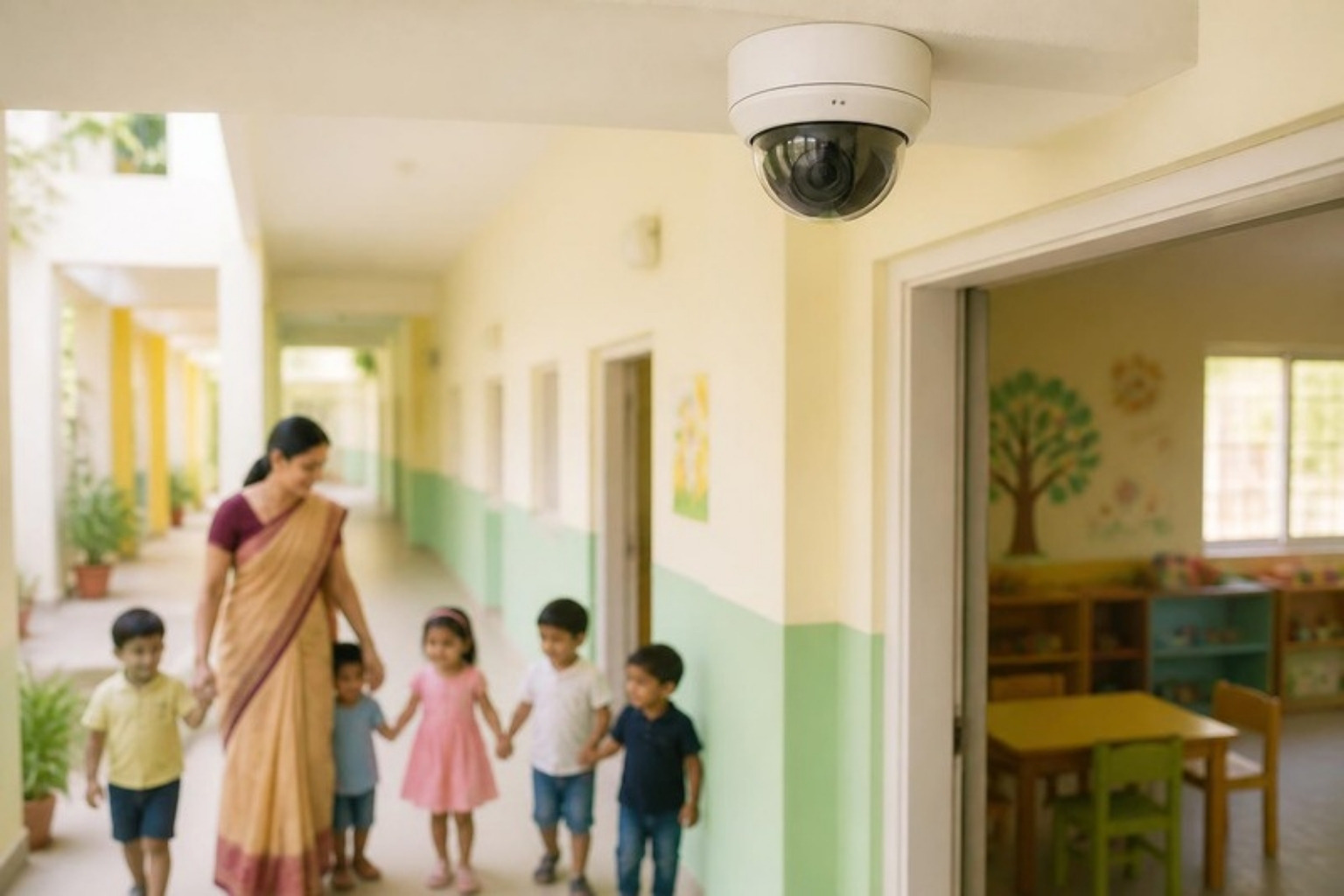 A dome CCTV camera on the ceiling of a corridor as a teacher walks children to class