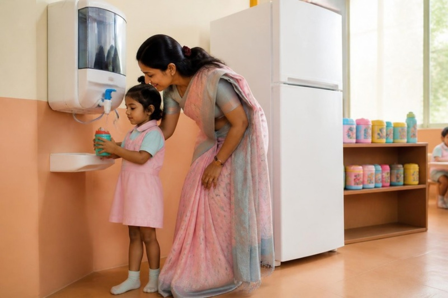 A child filling her cup at the RO water purifier, with the lunchbox fridge beside her