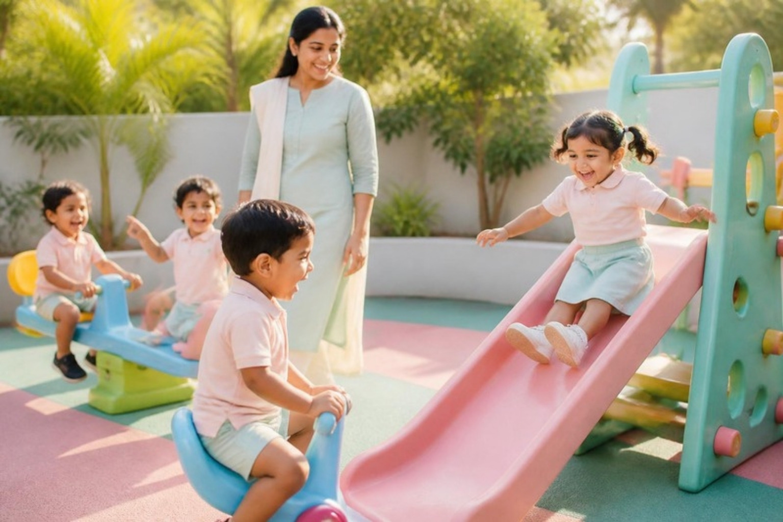 Children on a slide and seesaw in the outdoor play area, watched by their teacher