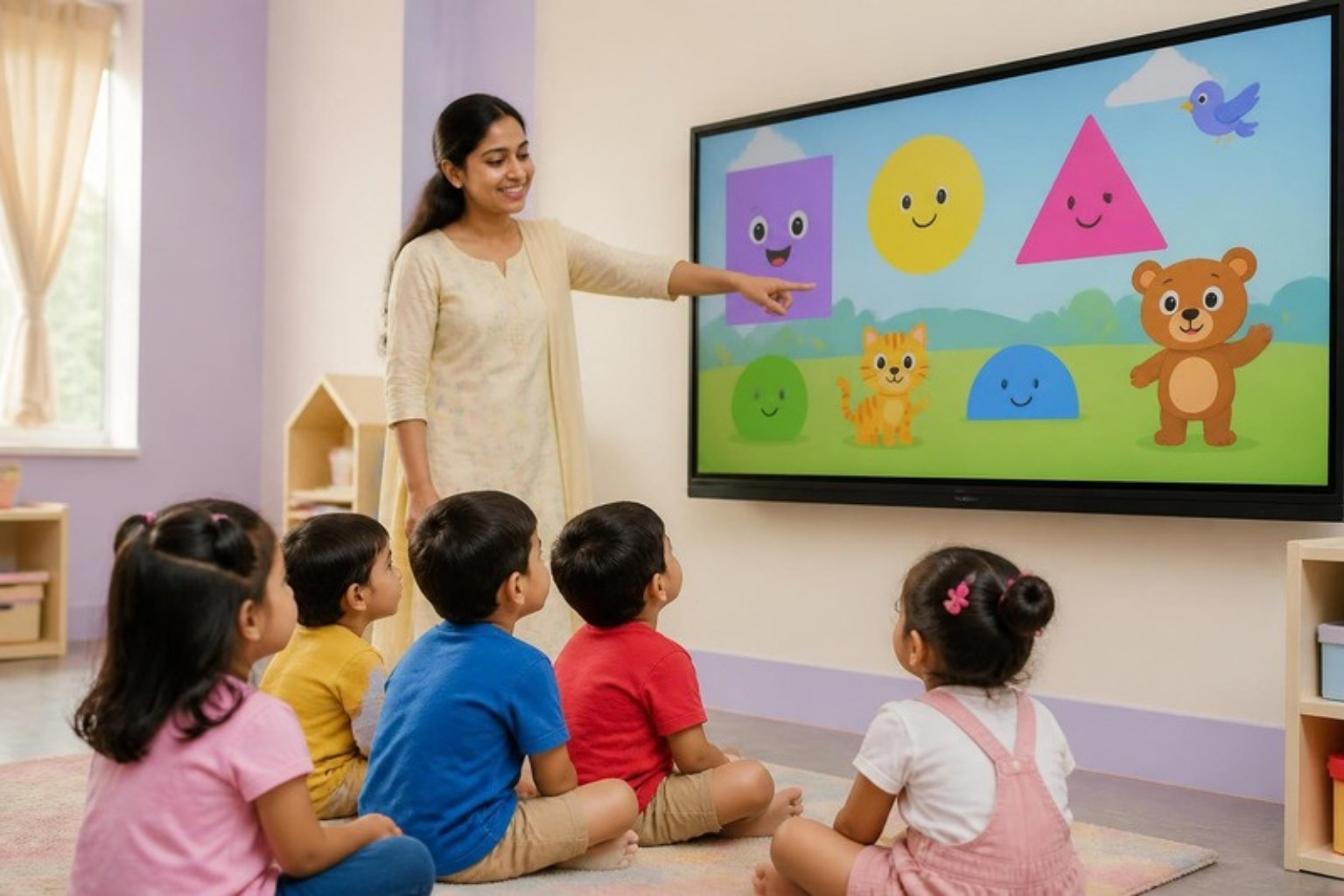 A teacher pointing at a wall-mounted smart TV while a group of children watch from the floor