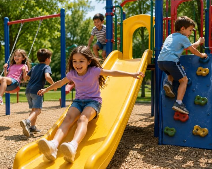 Children laughing as they slide, swing and climb together in the Eleganz Kids playground