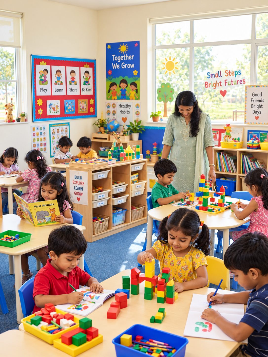 An Eleganz Kids classroom mid-morning — a teacher moving between tables while children read, build with blocks and colour together