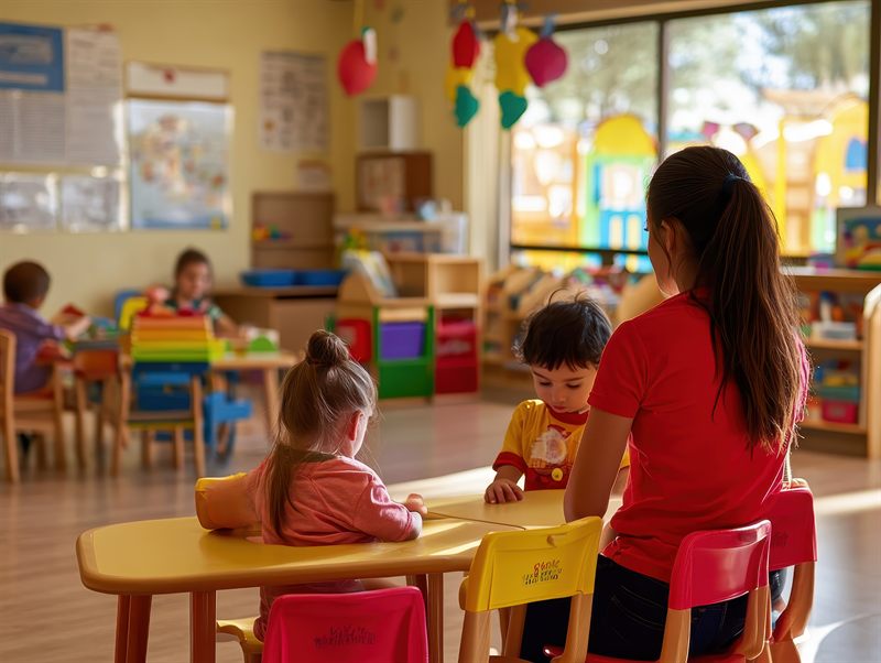 A teacher sitting with two children at a low table in the daycare room