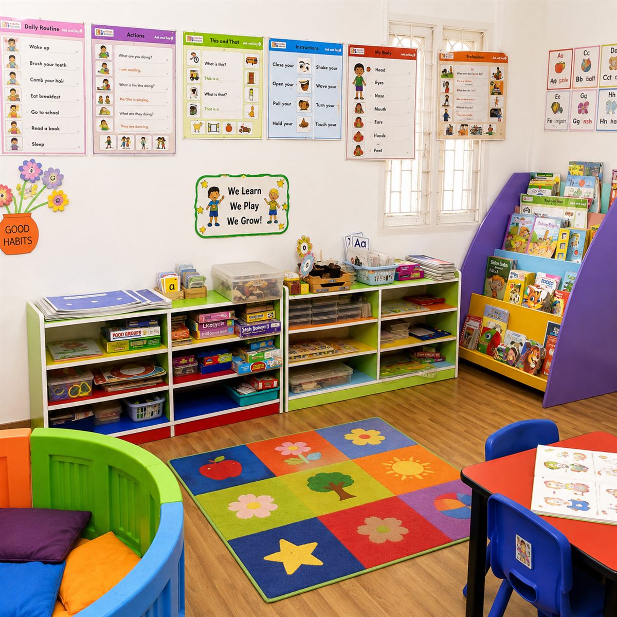 The Scholastic Lab — a classroom wall of Daily Routine, Actions, My Body and alphabet charts above open shelves of puzzles, games and trays, with a picture-book rack, an activity rug and a cushioned reading nook